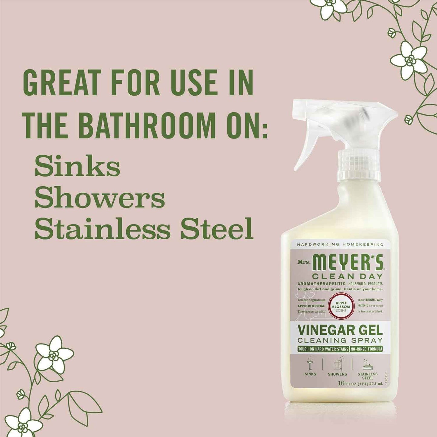Mrs. Meyer's Apple Blossom Vinegar Gel Cleaning Spray, 16 Fl Oz, No-Rinse Formula, Bathroom Use