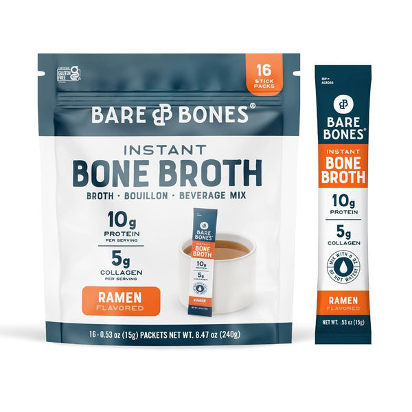 Bare Bones Beef Bone Broth Instant Powdered Mix Packets | 5g Collagen | 10g Protein | Keto & Paleo Friendly