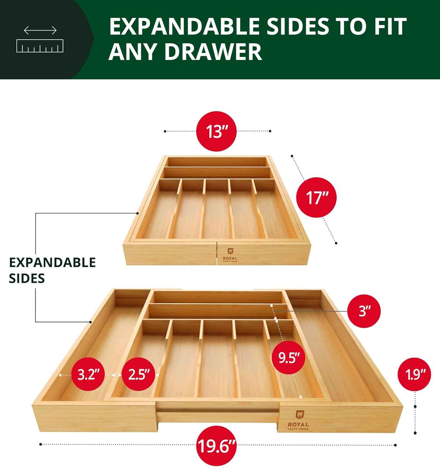 Royal Craft Wood Luxury Bamboo Kitchen Drawer Organizer - 9 Slot Silverware Organizer for Flatware, Utensil Holder & Cutlery Tray Drawer Dividers in Natural