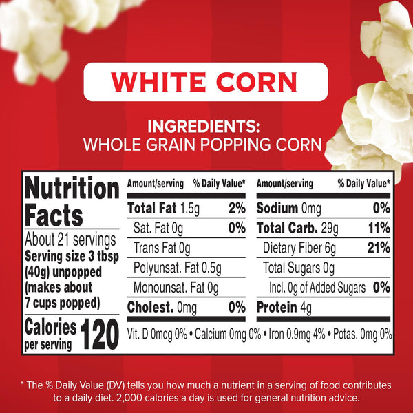 Orville Redenbacher's White Corn Popcorn Kernels, 6g Fiber, 30 oz, Pack of 6