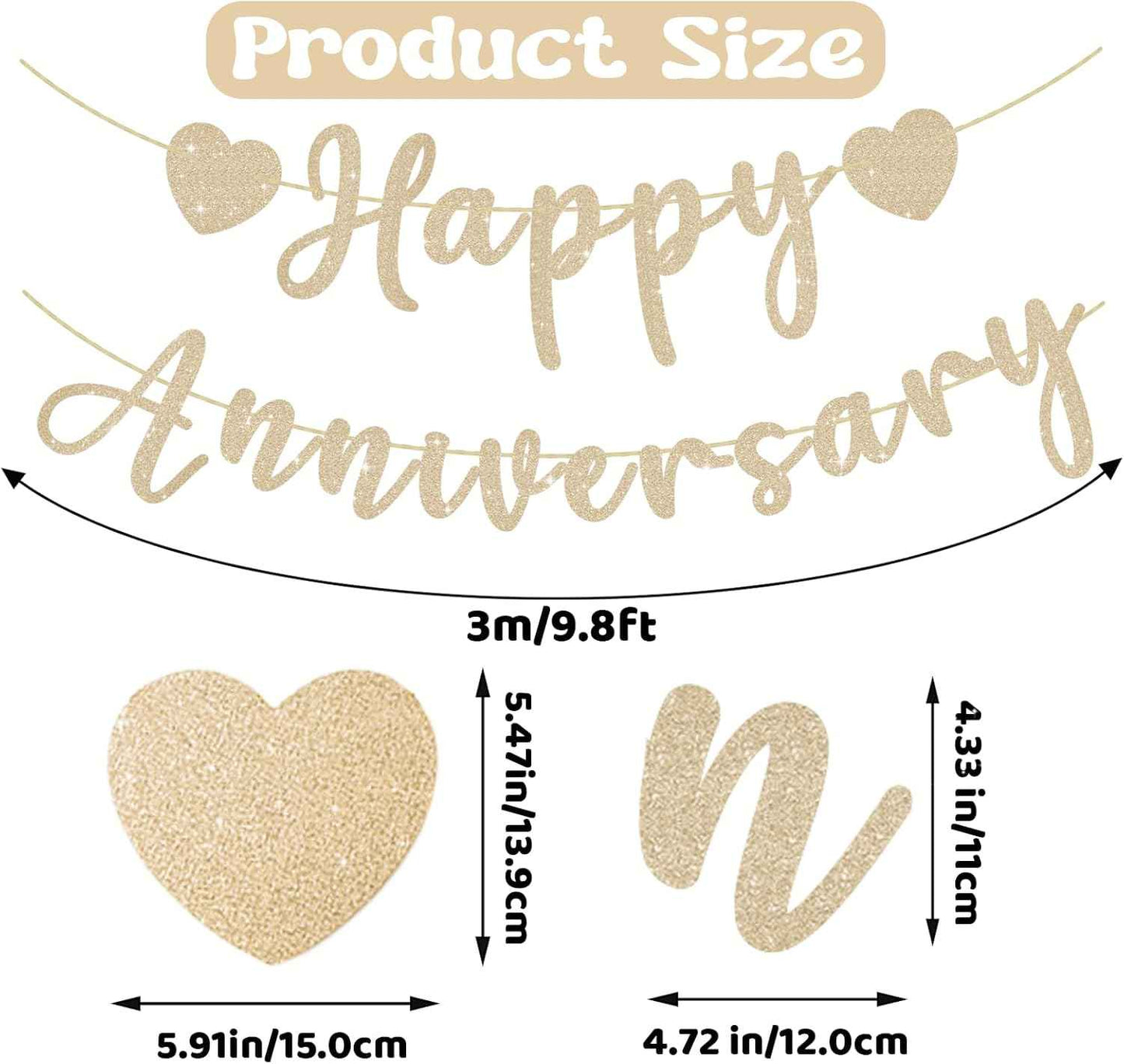 Happy Anniversary Banner, Pre-Strung Gold Glitter Wedding Anniversary Decorations Romantic, Couples Shower Decorations Banner For Happy Wedding Reception Day Bridal Shower Party