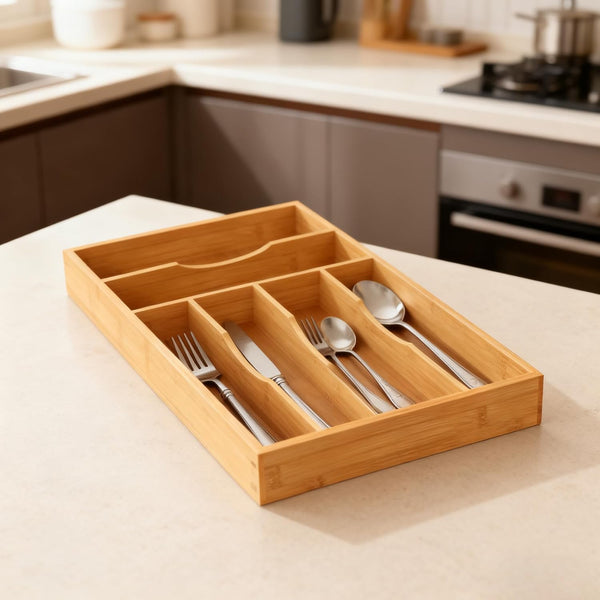 Bamboo Silverware Organizer for Kitchen and Office Use