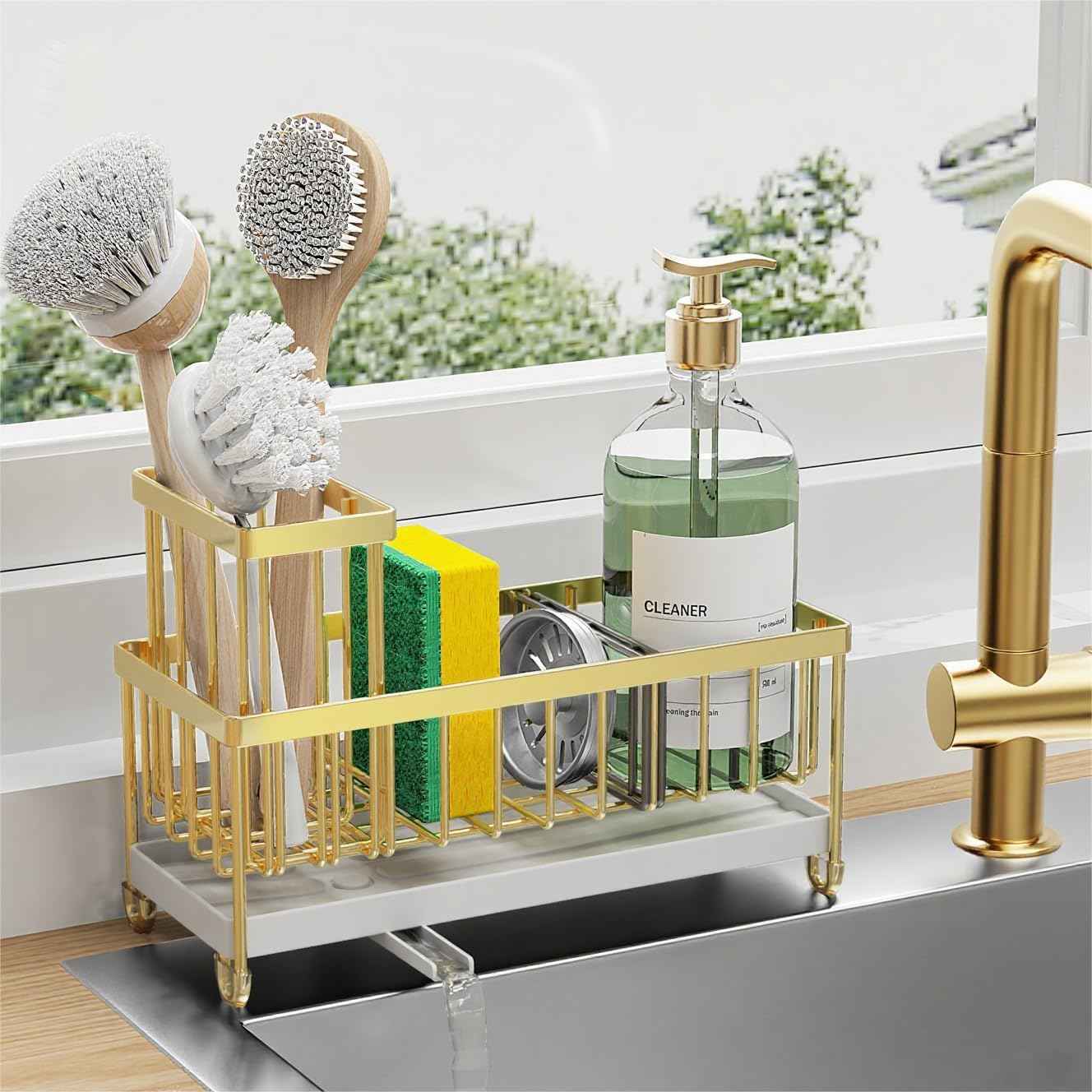 Cisily Silver Sponge Holder for Kitchen Sink, Sink Caddy Organizer with High Brush Holder, Kitchen Countertop Organizers and Storage Essentials, Rustproof 304 Stainless Steel, Soap Dispenser Organize
