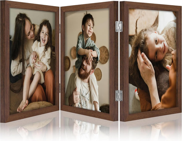 decorUhome Engineered Wood Trifold 4x6 Photo Frame with Plexiglass for Tabletop Display, Black, 3-Picture Frame