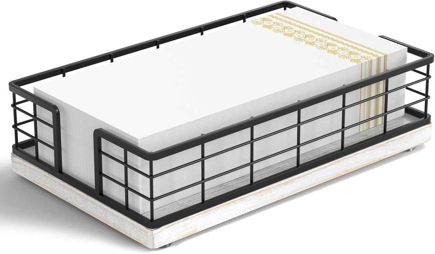 Wican Napkin Holder for Table, Bamboo Iron Standing Napkin Dispenser for Kitchen Dining Farmhouse Cocktail Picnic Bar Rustic Wood Holders for Paper Mail Bills Suitable for All Dining Room Decors Black