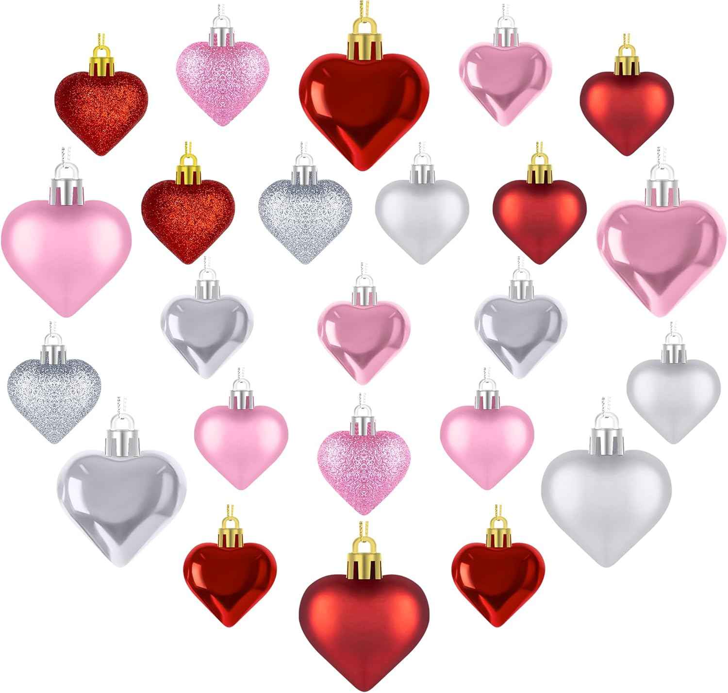 Melisheer 24pcs Valentines Day Heart Ornaments, Classic Red Pink Silver Shaped Hanging Baubles with 2 Sizes, Valentine's Decorations for Tree, Love Decor Outdoor Wedding Party Gift