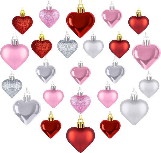 Melisheer 24pcs Valentines Day Heart Ornaments, Classic Red Pink Silver Shaped Hanging Baubles with 2 Sizes, Valentine's Decorations for Tree, Love Decor Outdoor Wedding Party Gift