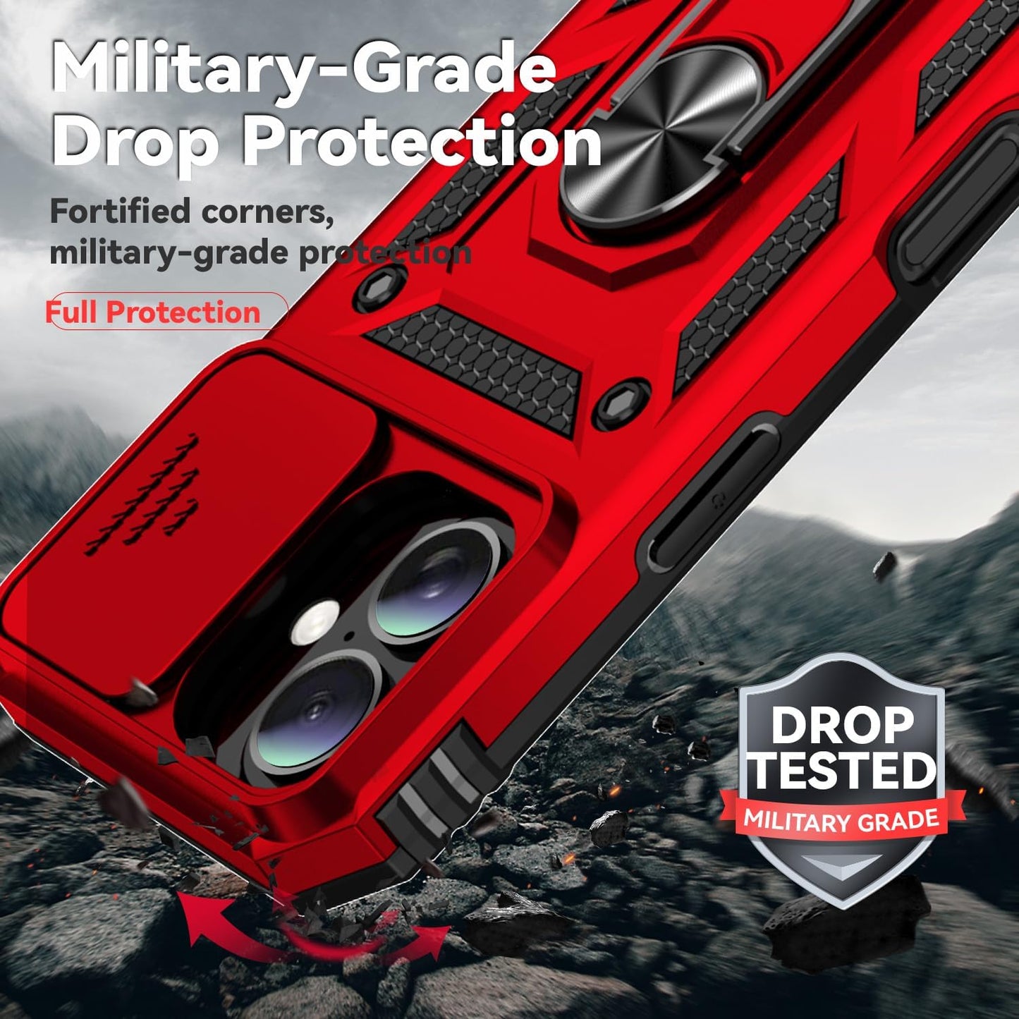 SunStory Phone Case for iPhone 16 6.1" with HD Screen Protector | Slide Camera Cover | Rotated Ring Kickstand | Military-Grade Protection | Red