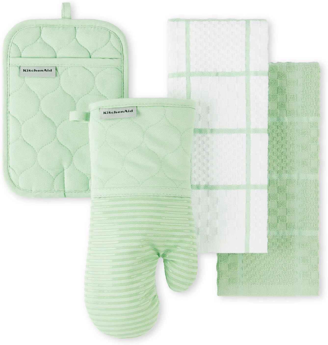 KITCHENAID Quilted Cotton Terry Cloth Oven Mitt, Pot Holder, Kitchen Towel 4-Pack Set, Heat Resistant, Silicone Grip, 16"x26", 7"x13" & 7"x10", Milkshake