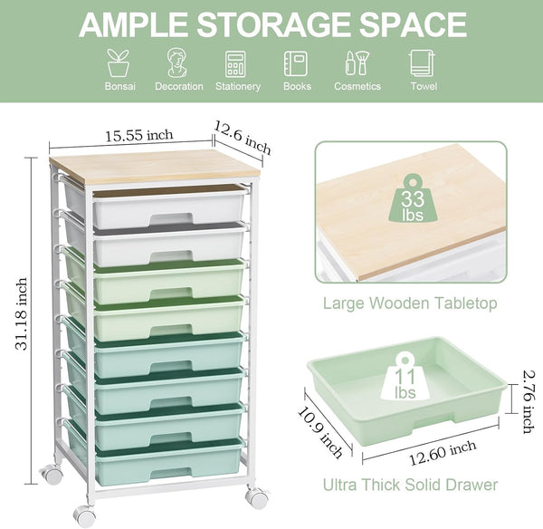 Rolling Storage Utility Cart with 8 Drawers and Wooden Tabletop