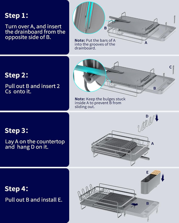 Adjustable kitchen dish drying rack with drainage and cutlery holders