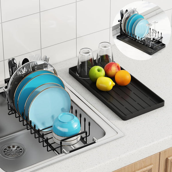 Compact Dish Drying Rack for Kitchen Counter with Silicone Mat