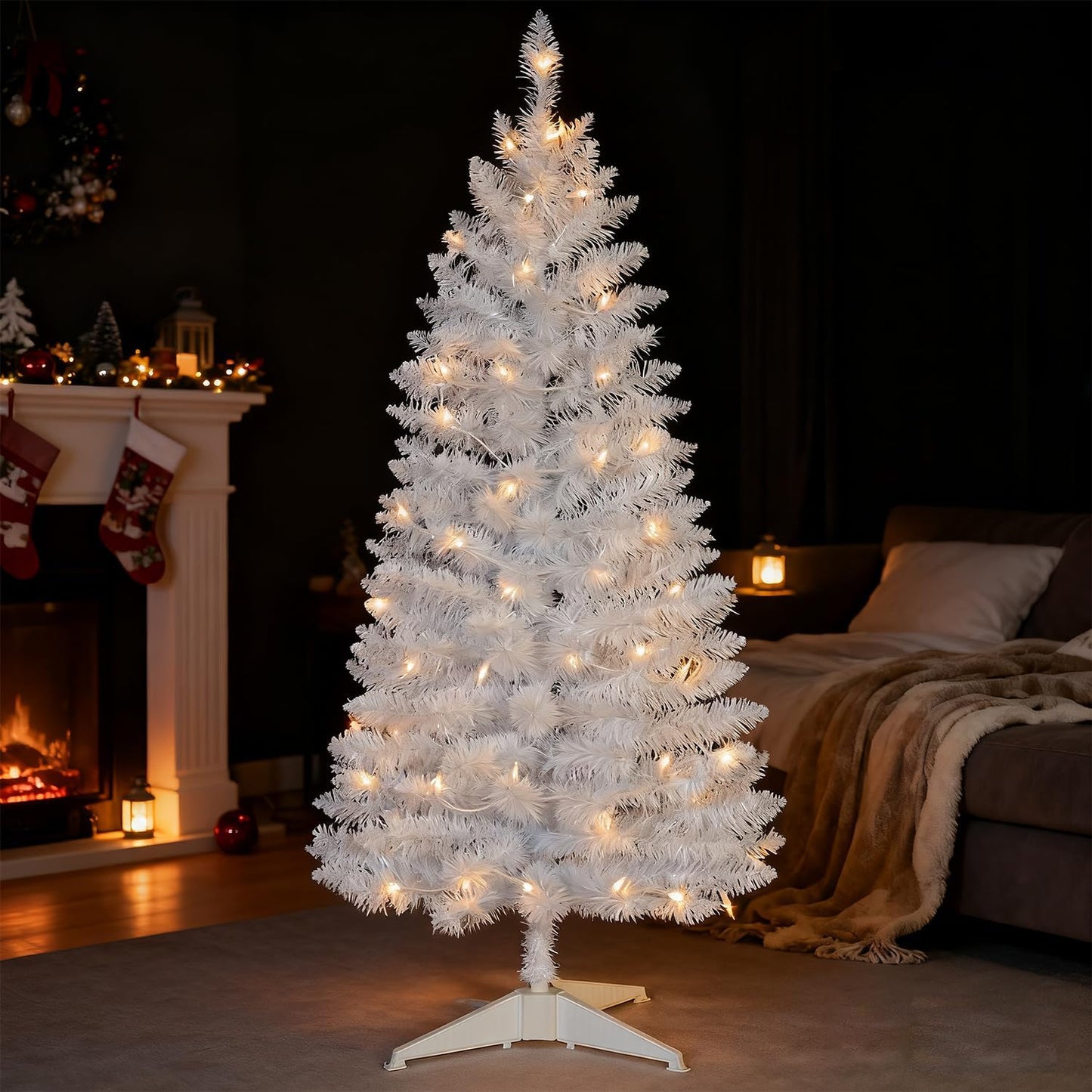 4ft Lighted Artificial White Christmas Tree | Leeheeyee Small Christmas Tree, Not Pre-lit White Tinsel Pine Trees with Lights, Ideal for Home, Office, and Xmas Tree Party Décor
