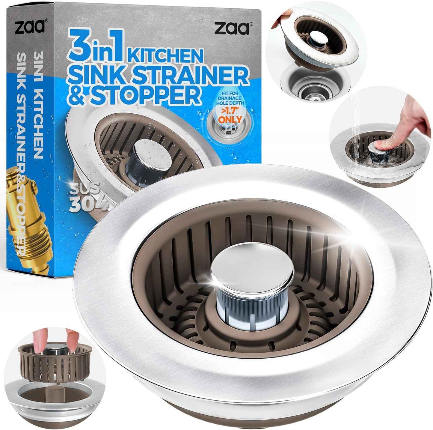 Upgraded 3in1 Kitchen Sink Drain Strainer & Sink Stopper, Stainless Steel Kitchen Drain Plug & Sink Installation Parts with Anti-Clogging Basket, Fit US Standard 3-1/2'' Sink Drain Hole, Silver