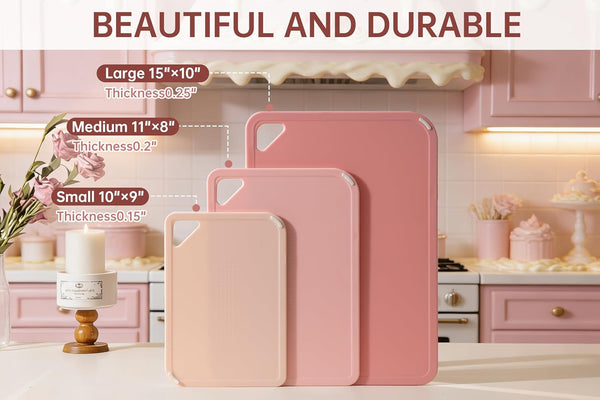 Pink Plastic Cutting Board Set for Kitchen, Dishwasher Safe, BPA Free, Reversible, with Grip Handle