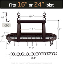 KES 34 Inch Oiled Bronze Hanging Pot Rack, Heavy Duty Oval Pot and Pan Hanging Rack Ceiling Mount, Pot Pan Hangers for Kitchen with 20 Hooks, (For 16" and 24" Joist Mount), KUR221S85-OB