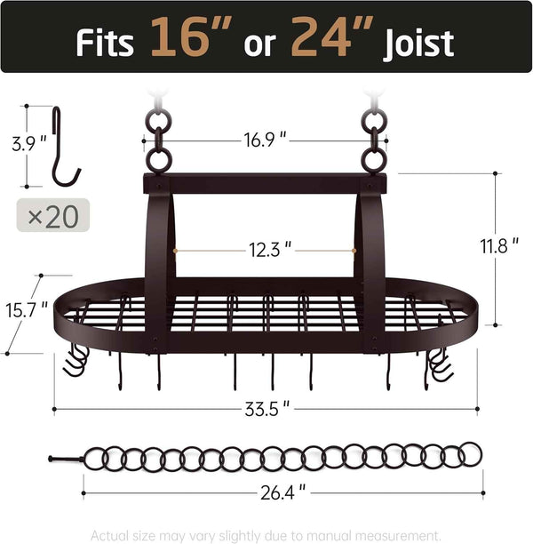 KES 34 inch Oiled Bronze Hanging Pot Rack with 20 Hooks for Kitchen Ceiling Mount, Heavy Duty Oval Pot Pan Hangers for 16 and 24 inch Joist Mount