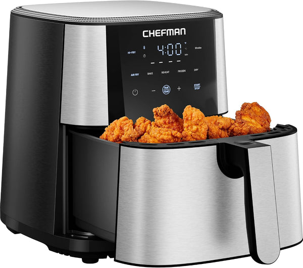 Chefman Air Fryer 8 Qt | TurboFry® 4-in-1 with 450°F Hi-Fry Option for Crispier Results | Bake, Dehydrate, Frozen | XL Nonstick Dishwasher-Safe Basket | Stainless Steel