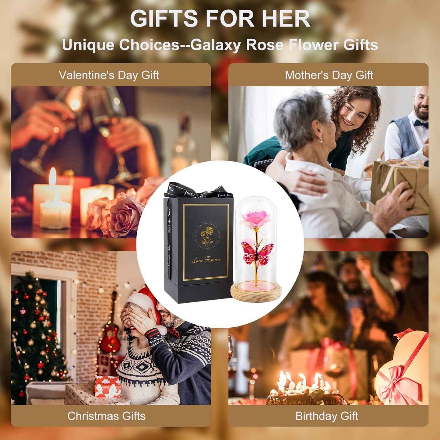 Beferr Gifts for Women Mom Birthday Gifts, Galaxy Glass Rose Forever Preserved Flowers for Delivery Prime Light Up Rose in Glass Dome Valentines Rose Gifts for Her Wife Daughter Girlfriend