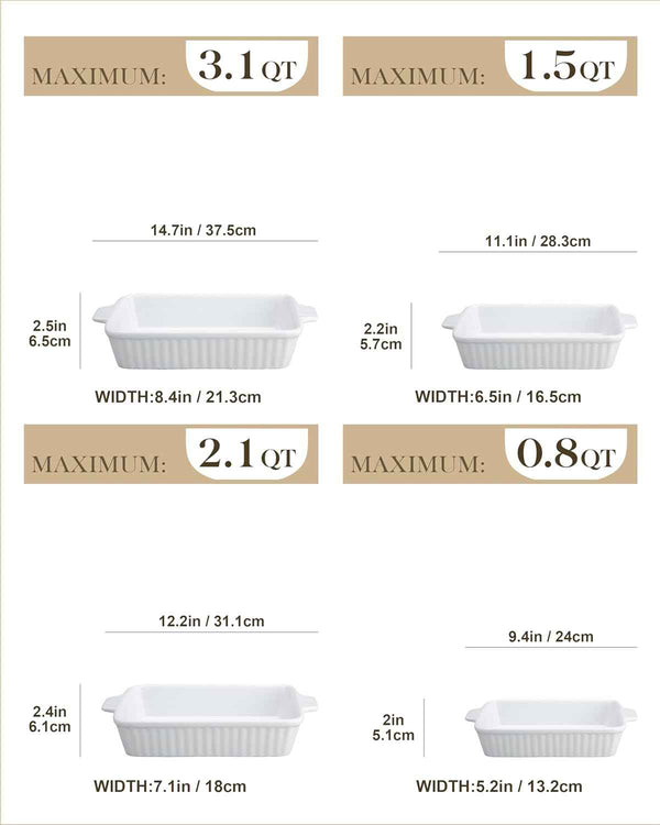 Malacasa porcelain baking dishes for oven, casserole set of 4, white, 9.4"/11.1"/12.2"/14.7"