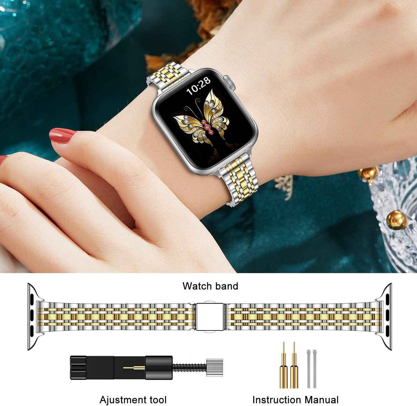 MioHHR silver/gold stainless steel Apple watch band compatible with 42mm, 41mm, 40mm, 38mm