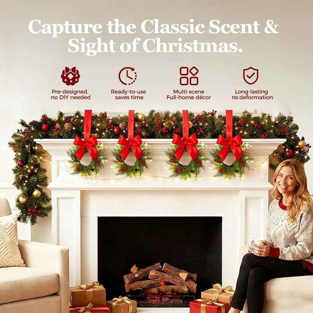 Small Christmas Wreath, 6 Pcs 6" Mini Christmas Wreaths for Cabinets, Small Cabinet Wreaths for Kitchen Cabinet Window Door Farmhouse Christmas Party Decorations Candle Rings Fireplaces (A)