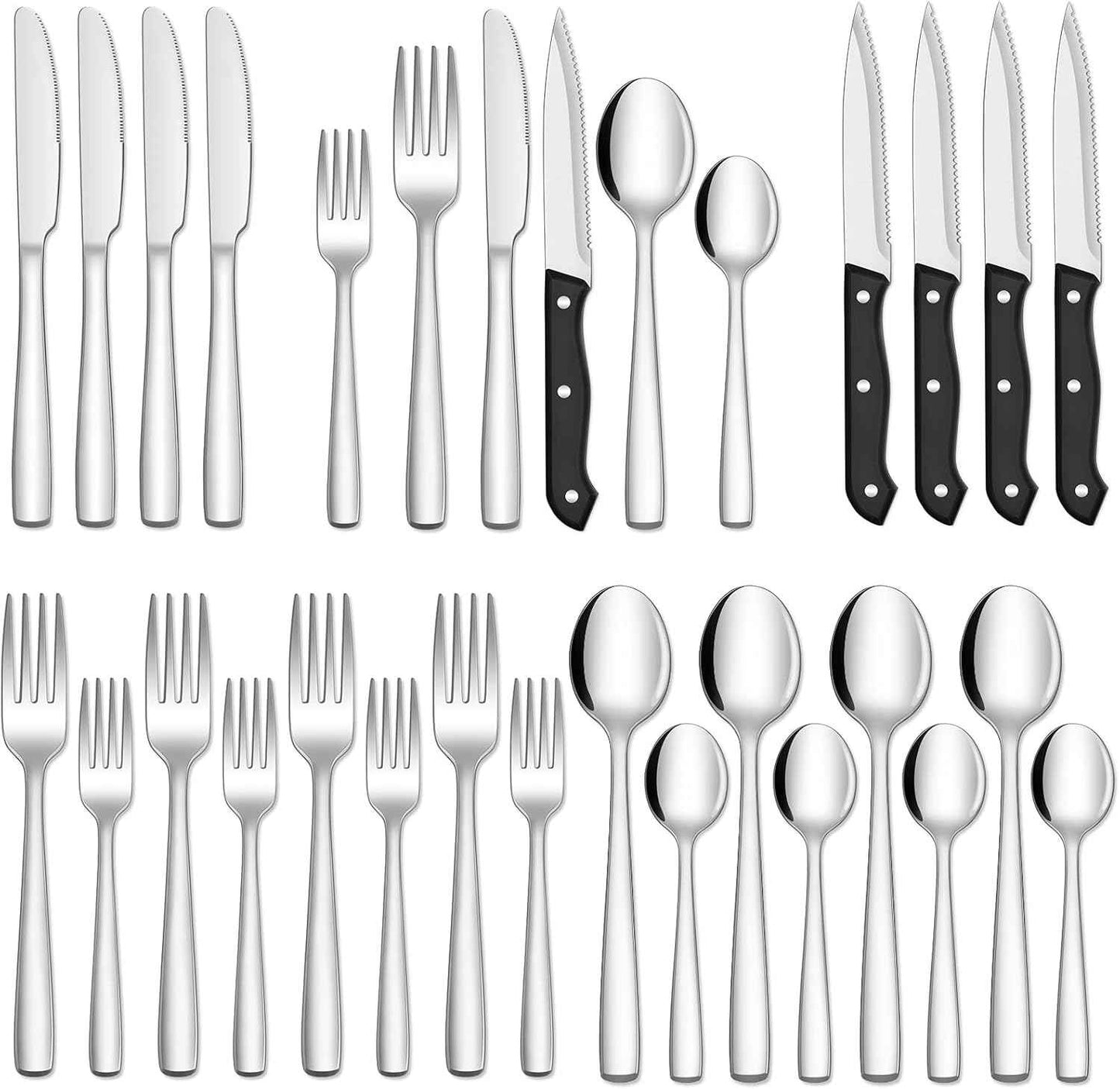 HIWARE 48-Piece Silverware Set with Steak Knives for 8, 18/8 Stainless Steel Flatware Cutlery Set For Home Kitchen Restaurant Hotel, Kitchen Utensils Set, Mirror Polished, Dishwasher Safe