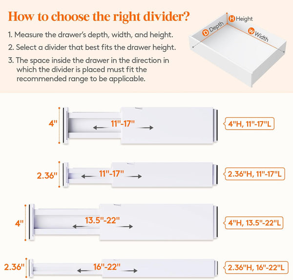 Drawer Dividers for Clothes and Kitchen Utensils, Adjustable and Expandable