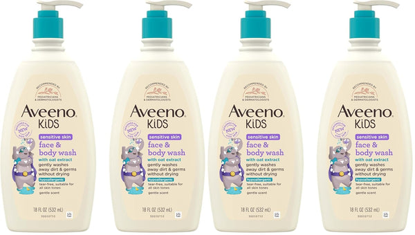 Aveeno Kids Sensitive Skin Face & Body Wash, Oat Extract, Tear-Free, Non-Drying, 18 fl oz Pump Dispenser