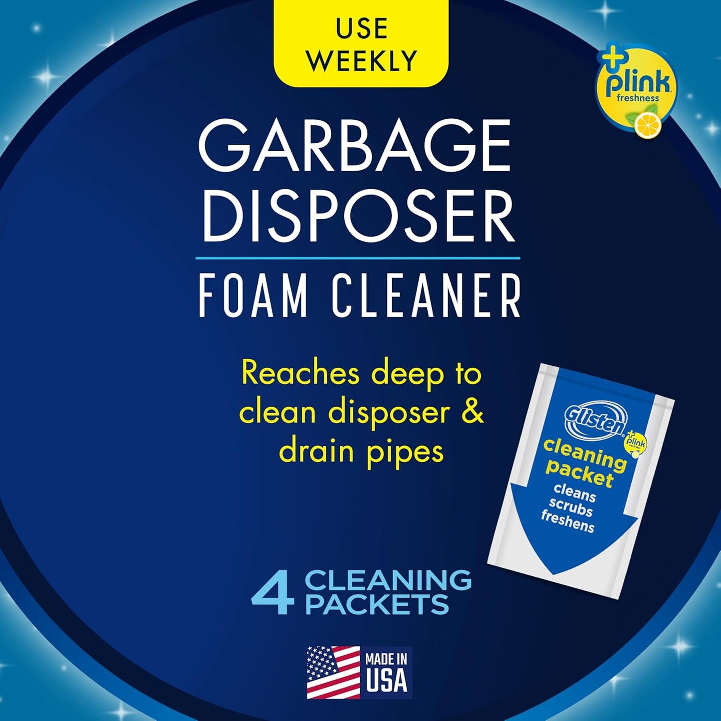 Glisten Garbage Disposer Cleaner and Freshener, Sink Disposal Odor Eliminator with Foaming Action, Lemon Scent, Made in the USA, 4 Packets