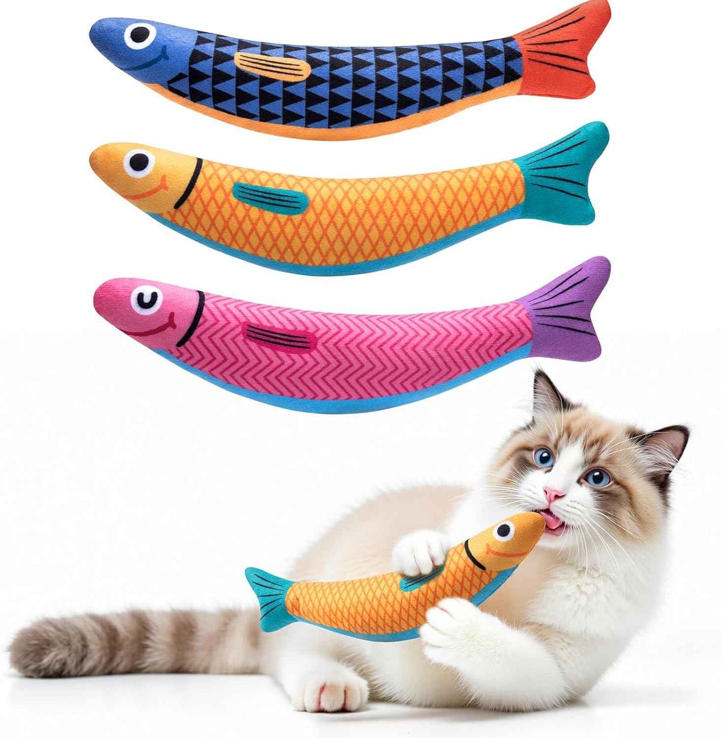 Cat Toys with[5000mg A+Natural Catnip &Silvervine] [Baby Grade] Interactive Soft Chew Kicker Cat Toys for Indoor Cats & Kittens, [Crinkle &Bell] Fish Sound Toy, Drives Bored Cat Crazy with Fun