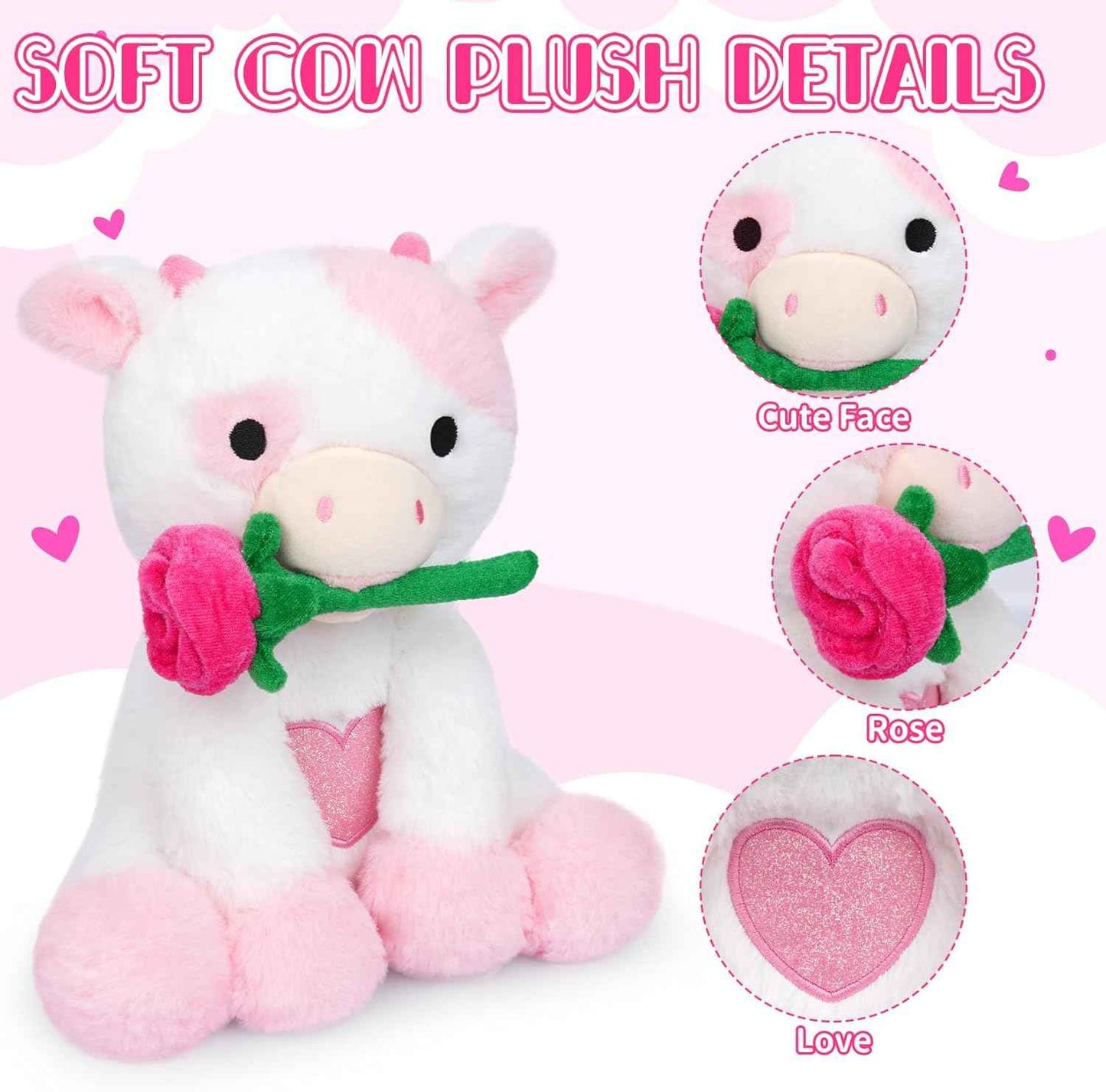 Bekrgwiy Valentines Stuffed Animal,10in Pink Cow Stuffed Animals with Rose,Valentines Day Plush Cow,Pink Cow Plushie Doll Toys,Valentines Day Gifts for Her Girlfriend Kids