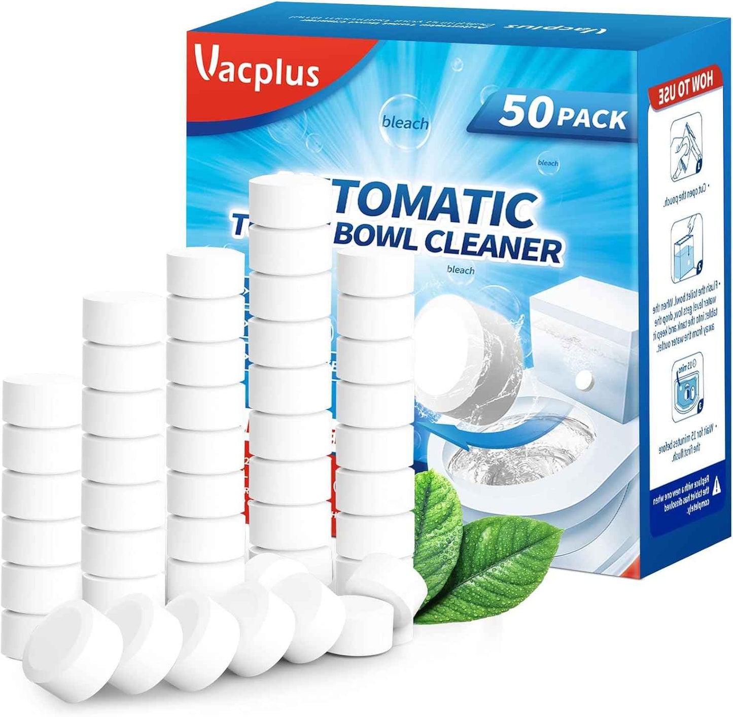 Vacplus Toilet Bowl Cleaner Tablets 30 PACK, Automatic Toilet Bowl Cleaners with Bleach for Deodorizing and Descaling, Bathroom Cleaner Against Tough Stains
