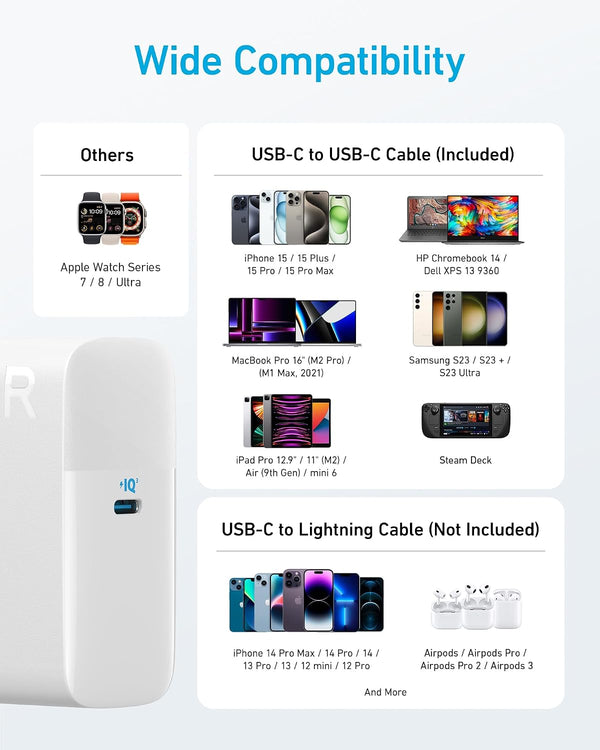 Anker Laptop Charger, Compact and Foldable 100W USB C Charger for MacBook Air, Samsung Galaxy, iPhone 17/16 Series, iPad Pro, and More(5FT USB C Cable Included)