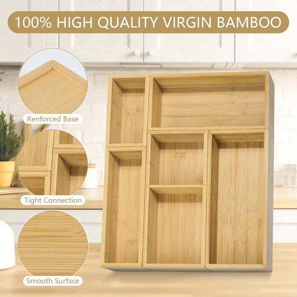 Bamboo Drawer Organizer Set for Bathroom, Kitchen, Office, and Closet