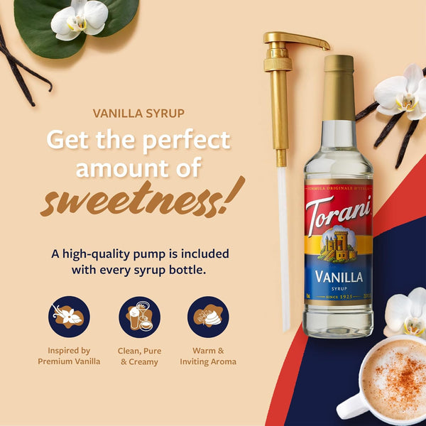 Torani Vanilla Flavored Coffee Syrup, 25.4 Fl Oz, Pump Included, Versatile Sweetener