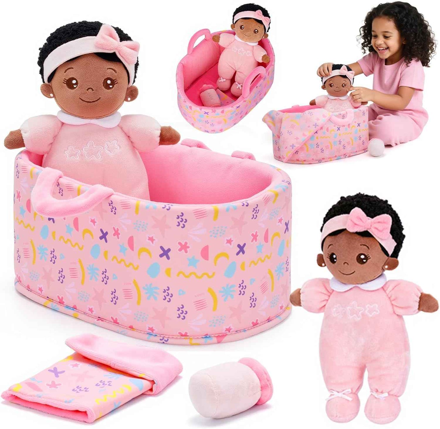 OUOZZZ Soft Baby Doll for 1+ Year Old Girl Gifts - Toys for 1+ Year Old Girl Birthday Christmas Plush Gifts for Toddler Adorable First Doll Tulip Pink 10"