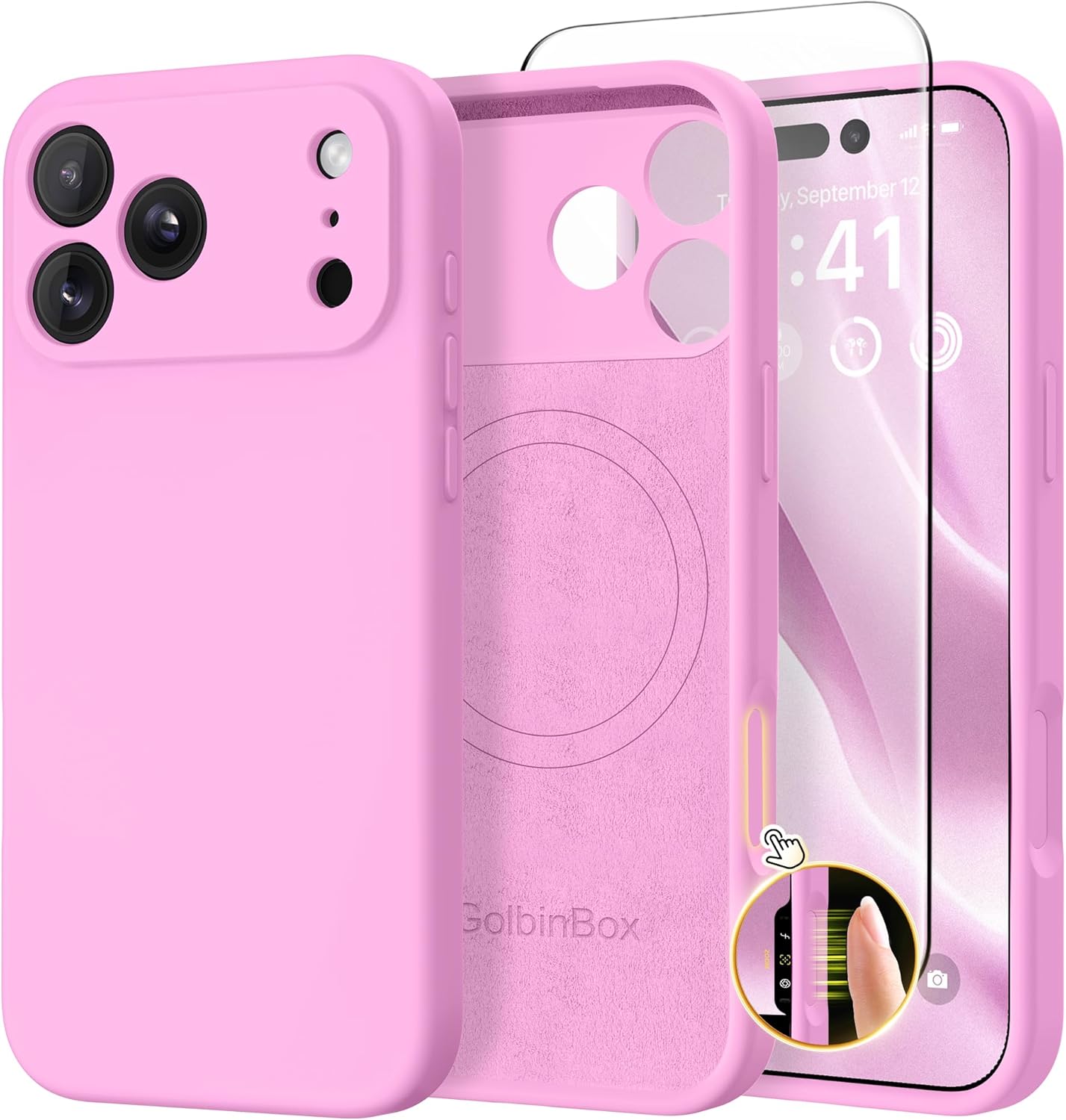 GolbinBox Magnetic for iPhone 17 Pro Max Case, Compatible with MagSafe, [Full Camera Protection] [Screen Protector], Silicone Shockproof Phone Cover with Anti-Scratch Microfiber Lining, Chalk Pink