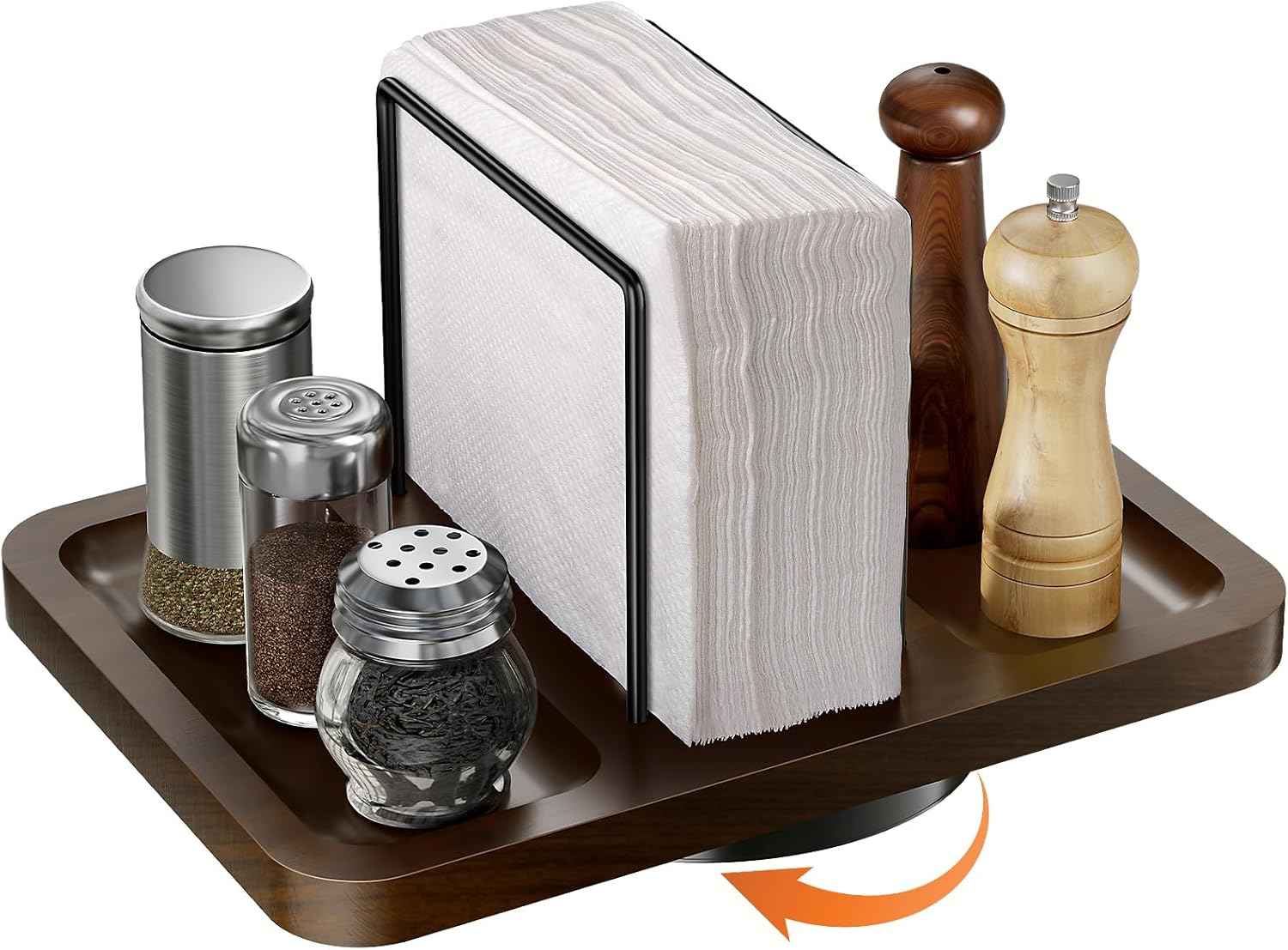 Napkin Holder for Table, Rotating Metal Napkin Dispenser with Salt and Pepper Shakers Caddy Standing Paper Towel Holder for Bathroom Kitchen Dining Table Decor Not Including Shakers