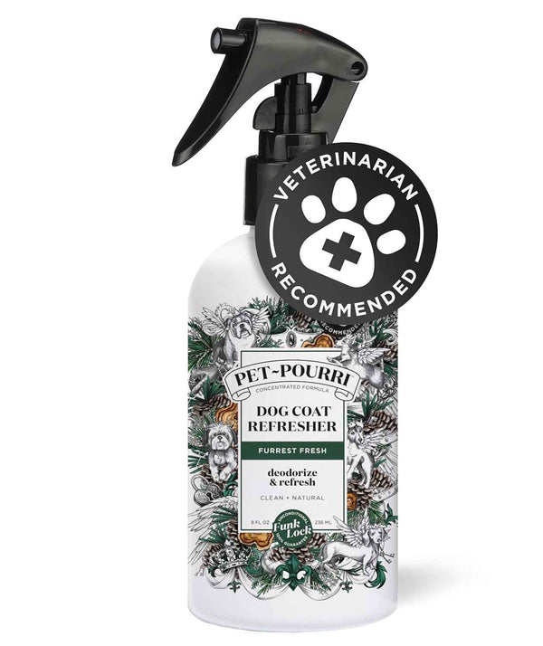 poo-pourri furrest fresh dog deodorizing spray, 8 fl oz, paraben & sulfate-free, fir, amber & cedarwood scent