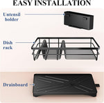 Large capacity dish drying rack for kitchen counter with utensil holder and efficient drainage