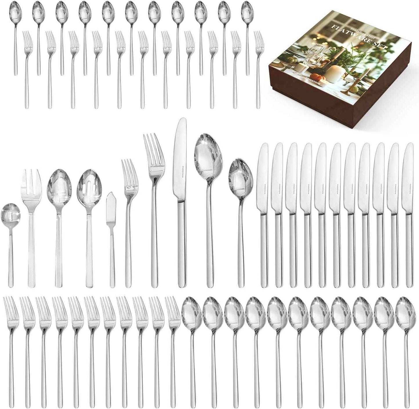 KINGSTONE Silverware Set, 20 Piece Flatware Cutlery Set for 4, 18/10 Stainless Steel Silverware Mirror Polished Dishwasher Safe for Home, Restaurant, Wedding, Party(Silver, 20 pieces for 4)