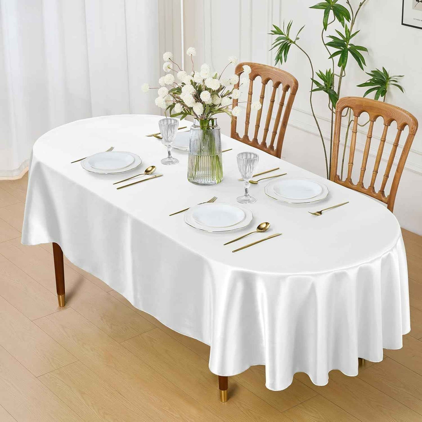 White Satin Oval Tablecloth 60 x 84 Inch Washable for Indoor/Outdoor Use, Wrinkle Resistant Stain Fabric Table Cover for Farmhouse, Dining, Kitchen, Wedding, Banquet, Party
