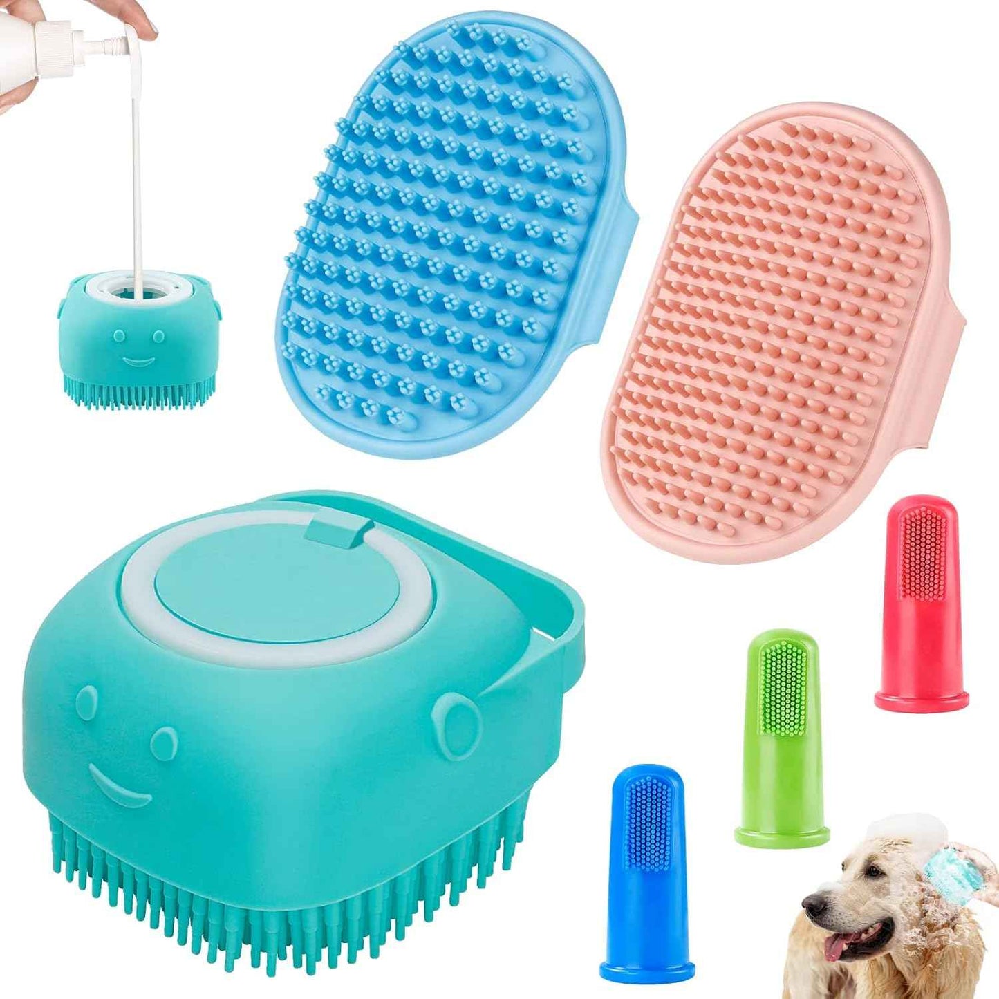 Comotech 6PCS Dog Bath Brush & Dog Toothbrush | Adjustable Handle Shampoo Brush & Scrubber for Short & Long Haired Dogs & Cats | Effectively Solve Odor & Stain Removal Problems | Pet Supplies (Blue)