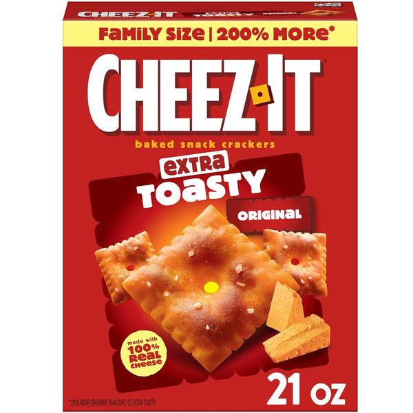 Cheez-It Extra Toasty Baked Snack Crackers, 21oz Box, Family Size, Lunch Snacks, 100% Real Cheese