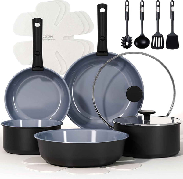 CAROTE 17pcs Pots and Pans Set, Nonstick Cookware Set Detachable Handle, Induction Kitchen Cookware Sets Non Stick with Removable Handle, RV Cookware Set, Oven Safe