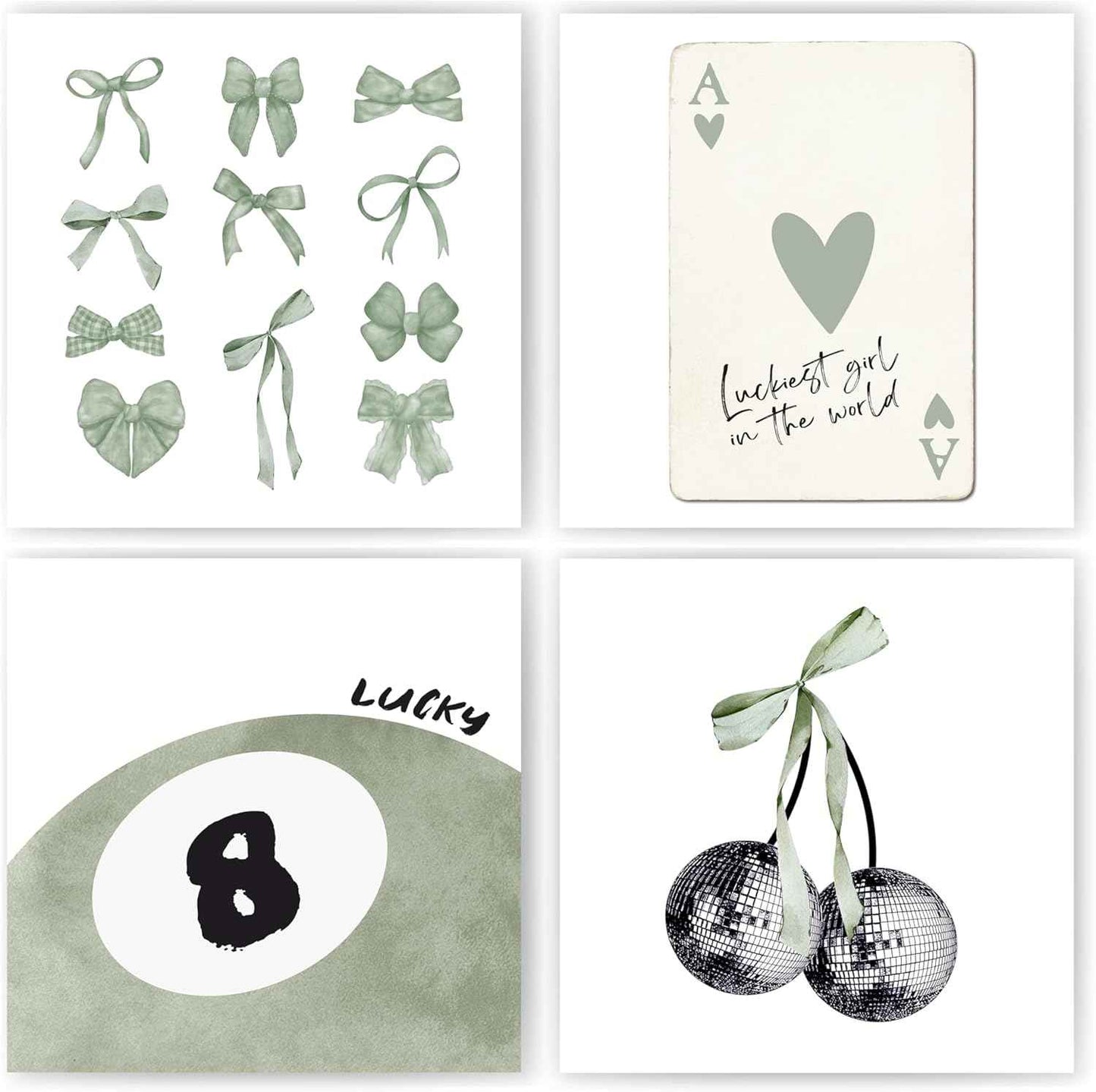 okaxscm Sage Green Coquette Trendy Preppy Wall Art Prints Set of 4, Coquette Preppy Room Decor Aesthetic, Green Bow Disco 8 Ball Cherry Wall Decor Posters for Girls Bedroom Dorm, 8x10 Unframed