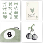 okaxscm Sage Green Coquette Trendy Preppy Wall Art Prints Set of 4, Coquette Preppy Room Decor Aesthetic, Green Bow Disco 8 Ball Cherry Wall Decor Posters for Girls Bedroom Dorm, 8x10 Unframed