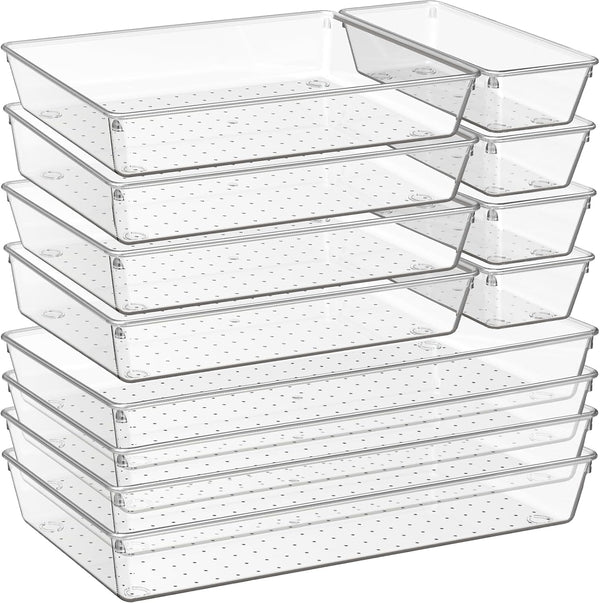 6 pack large clear plastic drawer organizer trays for kitchen utensils and office desk