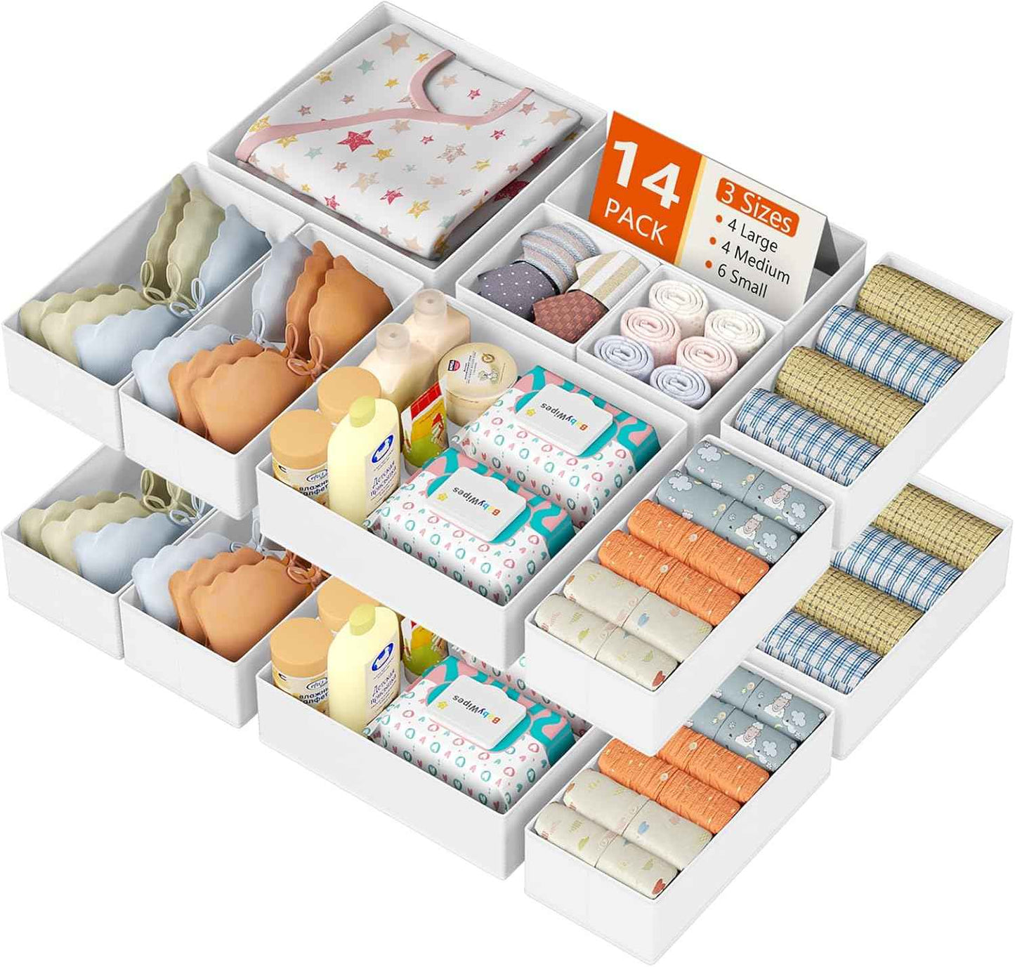 DIMJ Drawer Organizer Clothes, 12 Pack Dresser Organizer, Foldable Closet Organizers and Storage, Fabric Dresser Bins, Drawer Dividers for Nursery, Baby Clothes, Underwears, Sock (Beige)